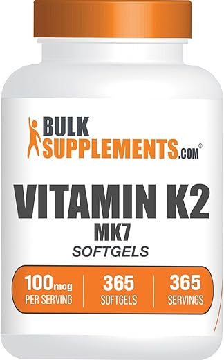com Softgels de Vitamina K2 – Vitamina K2 MK7, Suplemento de Vitamina K2, Vitamina K2 MK7 para os Ossos – Livre de Glúten, 100 mcg de Vitamina K2, 1 Softgel por Porção, 365 Unidades - BulkSupplements