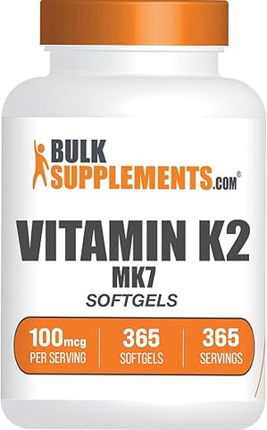 com Softgels de Vitamina K2 – Vitamina K2 MK7, Suplemento de Vitamina K2, Vitamina K2 MK7 para os Ossos – Livre de Glúten, 100 mcg de Vitamina K2, 1 Softgel por Porção, 365 Unidades - BulkSupplements