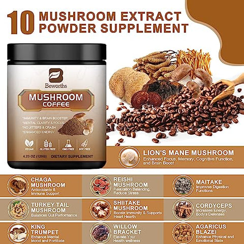 B BEWORTHS - Café de Cogumelo – Pó Instantâneo de Cogumelo do Leão com Reishi, Chaga, Cordyceps e Turkey Tail – Alternativa de Café de Cogumelo para Energia e Clareza Mental
