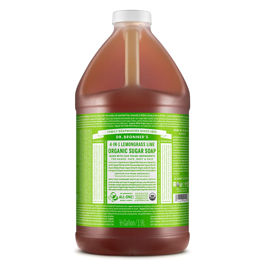Dr. Bronner's - Dr. Bronner’s – Sabonete de Açúcar Orgânico (Capim-Limão, 64 Ounce) – Feito com Óleos Orgânicos, Açúcar e Pó de Shikakai, Uso 4 em 1: Mãos, Corpo, Rosto e Cabelo