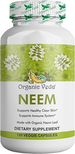 Neem Capsules 1000mg – Suplemento Herbal Orgânico Feito com Pó de Folha de Neem Ayurvédico da Índia – Suporta Pele Radiante, Imunidade, Desintoxicação e Resposta Inflamatória Saudável - Organic Veda