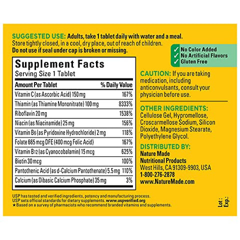 Super B Complex com Vitamina C e Ácido Fólico, Suplemento Dietético para Suporte Imunológico, 140 Comprimidos, Fornecimento de 140 Dias - Nature Made