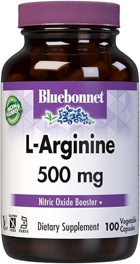 Nutrition L-Arginine 500mg: Aminoácido Livre, Precursor de Óxido Nítrico, Sem Soja, Sem Glúten, Não-OGM, Certificado Kosher, Vegano, 100 Cápsulas Vegetais - Bluebonnet