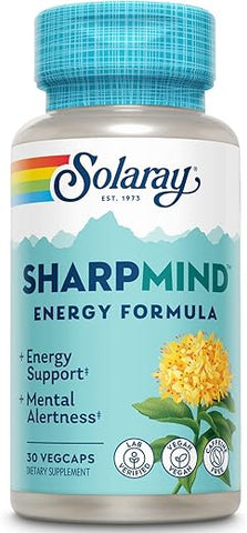 SOLARAY - Solaray SharpMind Energy – Energético para Homens e Mulheres, Suplemento Nootrópico para Foco, Cápsulas Energéticas Livres de Cafeína com Rhodiola Rosea e Cordyceps, Garantia de 60 Dias, 30