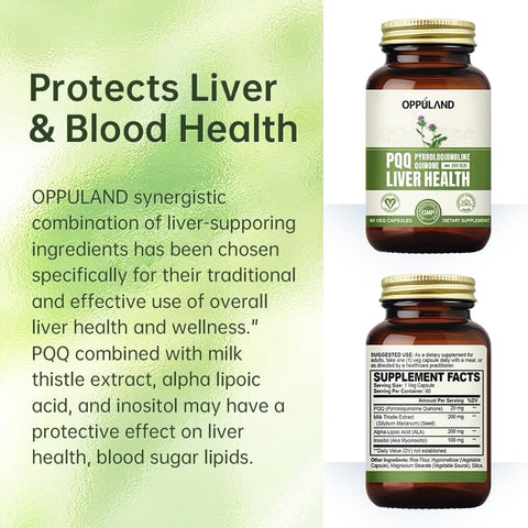 oppuland - PQQ Herbs Liver Supports – Suplemento de Fígado com PQQ e Extrato de Cardo Mariano – 60 Cápsulas Vegetais