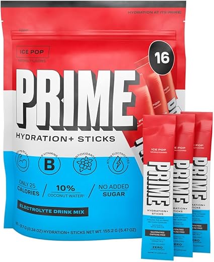 Sticks ICE POP | Pó Hidratante em Sachês Individuais | Pó de Eletrólitos para Levar | Baixo teor de açúcar | Sem cafeína | Vegano | 16 Sachês - PRIME HYDRATION