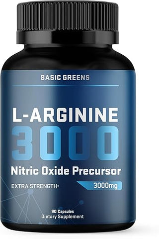 BASIC GREENS - L-Arginina 3.150mg (90 Cápsulas) – Suplemento de L-Arginina para Homens e Mulheres com Precursor de Óxido Nítrico, L-Arginina
