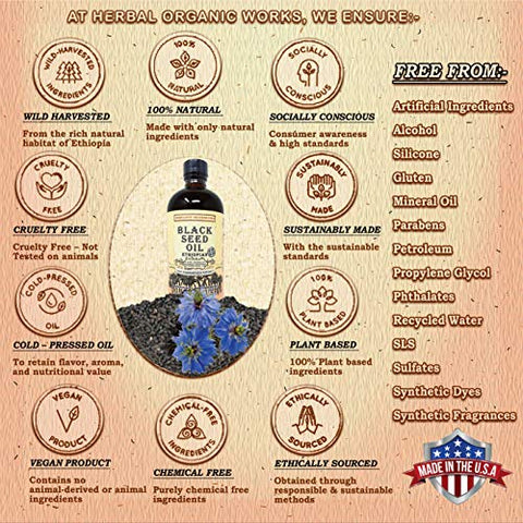 Herbal Organic Works - Óleo de Semente de Cominho Preto (473ml) 3 Vezes Mais Timoquinona, 100% Puro Óleo de Semente de Cominho Preto Etíope, Vidro de Nigella Sativa 100% Natural