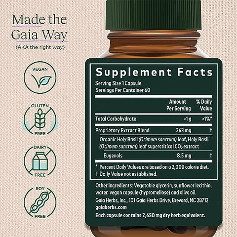 Pro Holy Basil Leaf – Suporte ao Estresse com Manjericão Sagrado – Suplemento Herbal para Apoiar uma Mentalidade Positiva – 60 Cápsulas Líquidas Fitoterápicas - Gaia Herbs