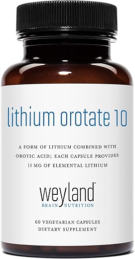Weyland Brain Nutrition - Lithium Orotate 10mg (1 Frasco), 60 Cápsulas Vegetarianas, Suporte para Humor, Comportamento, Memória e Bem-Estar