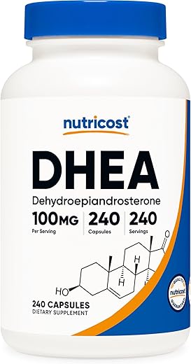 DHEA 100mg – 240 Cápsulas | Livre de Glúten, Soja e Transgênicos | Suplemento - Nutricost