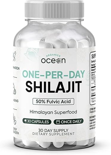 Organics Ocean - Suplemento Natural de Shilajit para Homens e Mulheres – 30 Cápsulas de Shilajit para Combater o Envelhecimento, Fortalecer os Ossos, Suporte Hormonal e Mais
