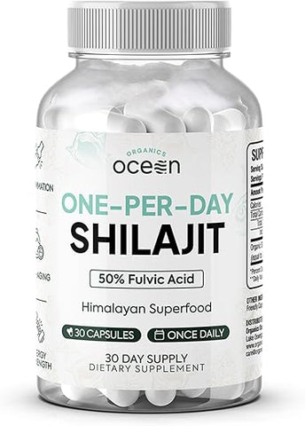 Organics Ocean - Suplemento Natural de Shilajit para Homens e Mulheres – 30 Cápsulas de Shilajit para Combater o Envelhecimento, Fortalecer os Ossos, Suporte Hormonal e Mais