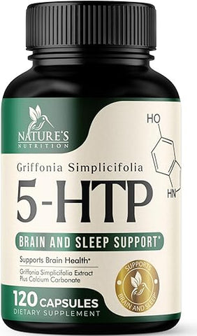 Nature's Nutrition - 5HTP Plus Calcium 200mg – Cápsulas de Suplemento para o Cérebro – Fórmula de Griffonia Simplicifolia 5-HTP – 5-Hidroxitriptofano – Natural, Vegetariano, Sem Glúten