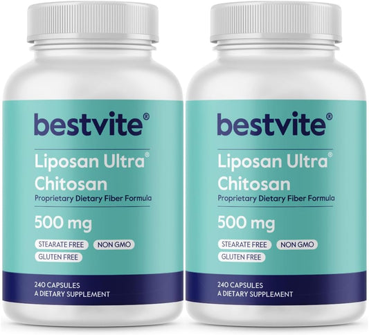 Liposan Ultra Chitosan 500mg (480 Cápsulas) (240 x 2) – Ação Mais Rápida e Patenteada do que o Chitosan Regular – Sem Estearatos – Sem Preenchedores - BESTVITE