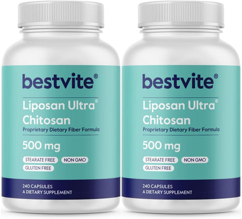 Liposan Ultra Chitosan 500mg (480 Cápsulas) (240 x 2) – Ação Mais Rápida e Patenteada do que o Chitosan Regular – Sem Estearatos – Sem Preenchedores - BESTVITE