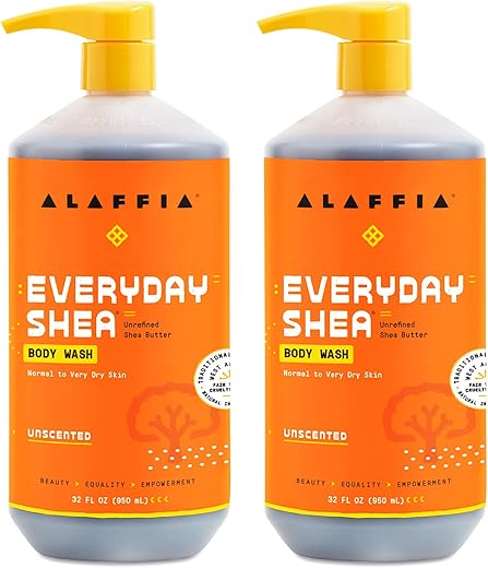 Everyday Shea Body Wash – Hidratação e Limpeza Natural com Manteiga de Karité de Comércio Justo, Neem e Óleo de Coco – Sem Perfume – 2 Pacotes de 960ml (32g) - Alaffia