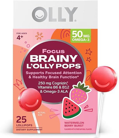 Focus Buddies L’OLLY Pops – Lollipops de Omega-3 ALA, B6, B12, Cognizin® para Atenção Concentrada – 30g - OLLY