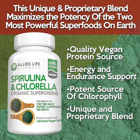 Allied Life Sciences - Allied Life Spirulina e Chlorella | Cápsulas de Superfood Verde em Pó de Proteína Vegana e Clorofila Orgânica | Suporte Natural ao Sistema Imunológico (Pacote com 3 Frascos)