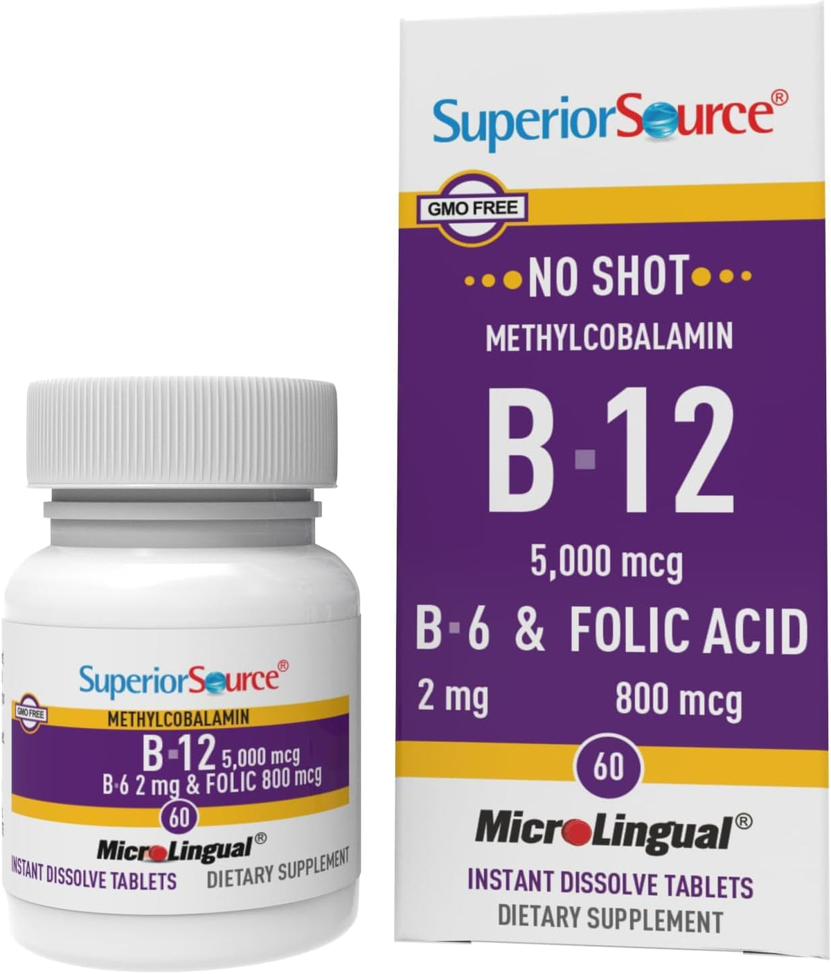 Vitamina B12 Methylcobalamin (5000 mcg), B6, Ácido Fólico, Comprimidos Sublinguais de Dissolução Rápida, 60 un, Aumenta Energia, Coração Saudável, Estimula Metabolismo - Superior Source