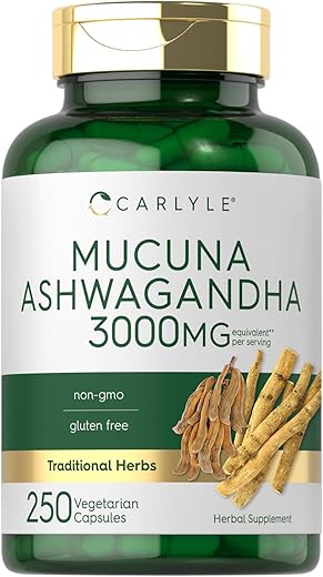 Mucuna com Ashwagandha | 3000mg | 250 Cápsulas | Suplemento de Mucuna Pruriens | Vegetariano, Não-OGM, Sem Glúten - Carlyle