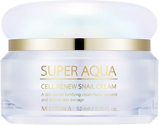Super Aqua Cell Renew Snail Cream 52ml – Fórmula anti-envelhecimento e iluminadora com 65% de extrato de muco de caracol, solução premium para pele danificada - MISSHA