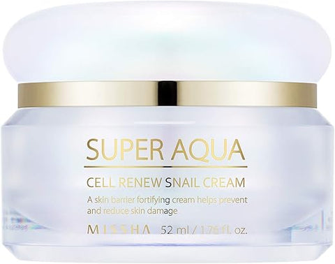 Super Aqua Cell Renew Snail Cream 52ml – Fórmula anti-envelhecimento e iluminadora com 65% de extrato de muco de caracol, solução premium para pele danificada - MISSHA