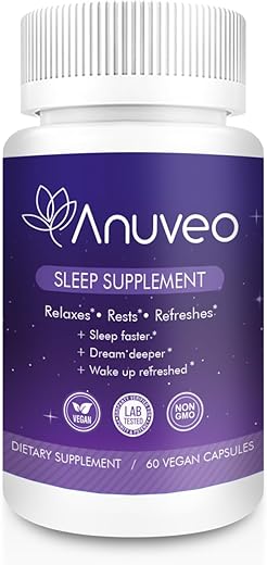 Anuveo - Auxílio Natural para Dormir | Não Viciante | Suplemento Herbal para Melhor Sono com Valeriana, Melatonina, Magnésio e Ashwagandha | Comprimidos para Dormir para Adultos (60 Veganos)