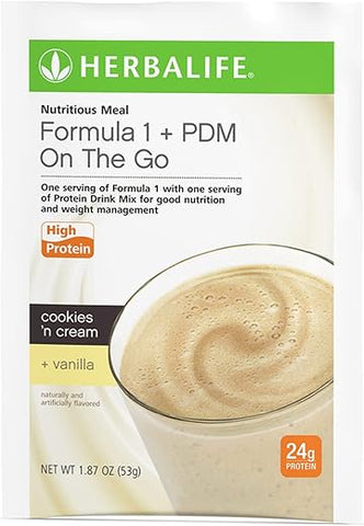 Formula 1 PDM On The Go: 24g de Proteína 7 Pacotes por Caixa (Cookies and Cream Vanilla), Energia e Nutrição com Proteína, Sustenta Energia e Sacia a Fome - Herbalife