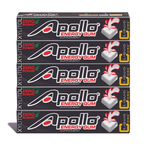 Apollo Energy Gum by Liquid Core – 80mg de Cafeína Natural por Unidade – Sem Açúcar, Sem Aspartame, Goma de Xilitol – 5 Unidades por Embalagem (5 Pacotes)