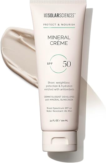 Protetor Solar MDSolarSciences Mineral Crème SPF 50 para Rosto e Corpo – Resistente à Água, Proteção UV de Amplo Espectro – Óxido de Zinco Micronizado Misturável – Acabamento Matte Natural Suave, 50g