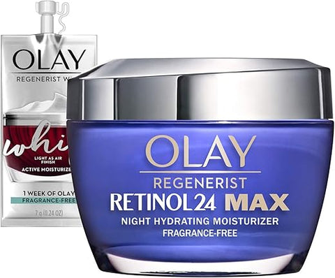 Regenerist Retinol 24 Max Hidratante Noturno, Creme Facial Hidratante Retinol 24 Max, Sem Fragrância, Não Oleoso, 50 ml + Olay Whip Tamanho Viagem para Pele Seca - Olay