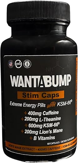 Want A Bump - Pílulas de Energia Extrema | 400mg de Cafeína | 600mg de Ashwagandha | 200mg de Lion’s Mane | Aumento de Energia