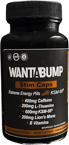 Want A Bump - Pílulas de Energia Extrema | 400mg de Cafeína | 600mg de Ashwagandha | 200mg de Lion’s Mane | Aumento de Energia