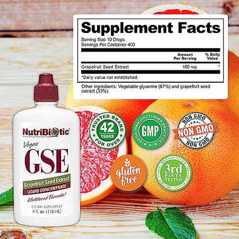 GSE Líquido 4 Oz | Extrato de Semente de Toranja Original Premium Concentrado com Bioflavonoides | Vegano, Sem Glúten, Não-OGM - NutriBiotic