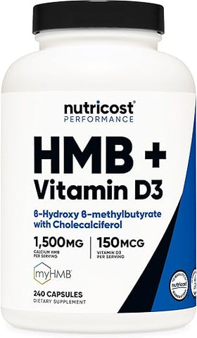 HMB (1500mg) e Vitamina D3 (6000 UI) – 240 Cápsulas, 80 Porções – Livre de Glúten e Não-OGM - Nutricost