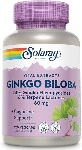 SOLARAY - Solaray Extrato de Folha de Ginkgo Biloba de Potência Garantida, Cápsula Vegetal (Frasc-Plást) 60mg | 120un