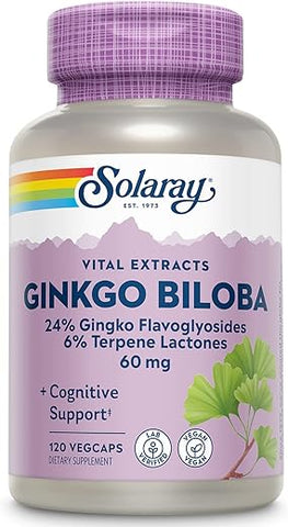 SOLARAY - Solaray Extrato de Folha de Ginkgo Biloba de Potência Garantida, Cápsula Vegetal (Frasc-Plást) 60mg | 120un