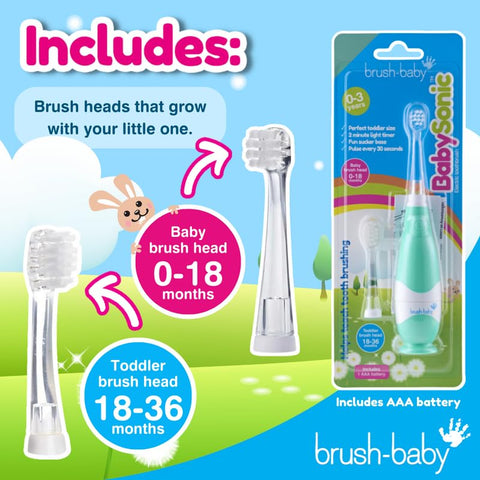 Escova de Dentes Elétrica para Bebês e Crianças brush-baby BabySonic de 0 a 3 Anos – Timer LED Inteligente e Vibração Suave Proporcionam uma Experiência Divertida de Escovação – Inclui 2 Escovas Sensíveis