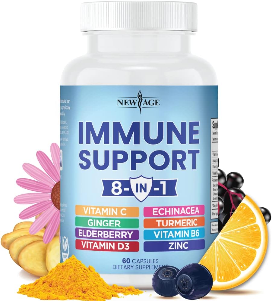 NEW AGE - 8 em 1 Suplemento Reforço Imunológico com Equinácea, Vitamina C e Zinco 50mg, Vitamina D 5000 UI, Cúrcuma Curcumina