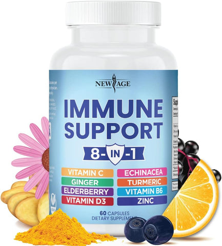 NEW AGE - 8 em 1 Suplemento Reforço Imunológico com Equinácea, Vitamina C e Zinco 50mg, Vitamina D 5000 UI, Cúrcuma Curcumina