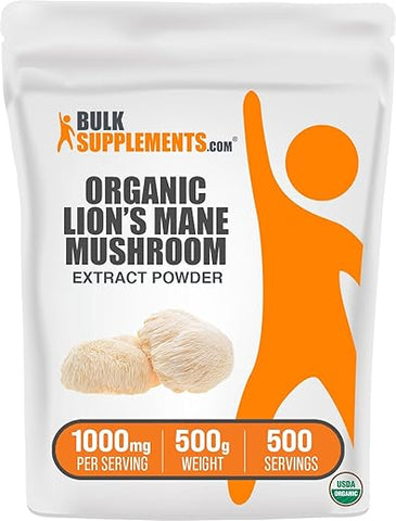 com Extrato em Pó de Cogumelo do Leão Orgânico – Suplemento de Cogumelo do Leão em Pó, Extrato de Cogumelo do Leão – Suplemento de Cogumelo, 1000mg por Porção, 500g (1.1 lbs) - BulkSupplements