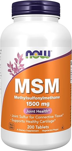 Suplementos, MSM (Metilsulfonilmetano) 1.500 mg, Suporte para Cartilagem Saudável*, Saúde das Articulações*, 200 Comprimidos - NOW Foods