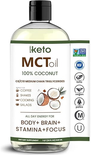 Keto MCT Oil – C8 e C10 sem sabor, não transgênico, certificado sem glúten, livre de óleo de palma, vegano, kosher, halal, 32 oz Óleo de Coco - Keppi