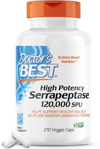 Doctor's BEST - Doctor’s Best Serrapeptase de Alta Potência – Suporte para Seios Saudáveis e Sistema Imunológico Forte – Não-OGM, Sem Glúten, Vegano – 120.000 SPU, 270 Cápsulas Vegetais