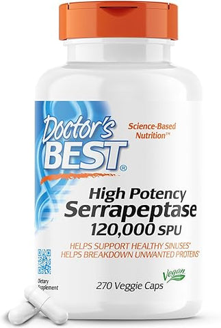 Doctor's BEST - Doctor’s Best Serrapeptase de Alta Potência – Suporte para Seios Saudáveis e Sistema Imunológico Forte – Não-OGM, Sem Glúten, Vegano – 120.000 SPU, 270 Cápsulas Vegetais