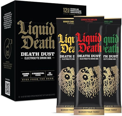 Electrolyte Death Dust – Pacotes de Pó Hidratante – 3 Sabores – Pacote Variado com 12 Sticks – Misture 1 Stick com 350 ml de Água - Liquid Death