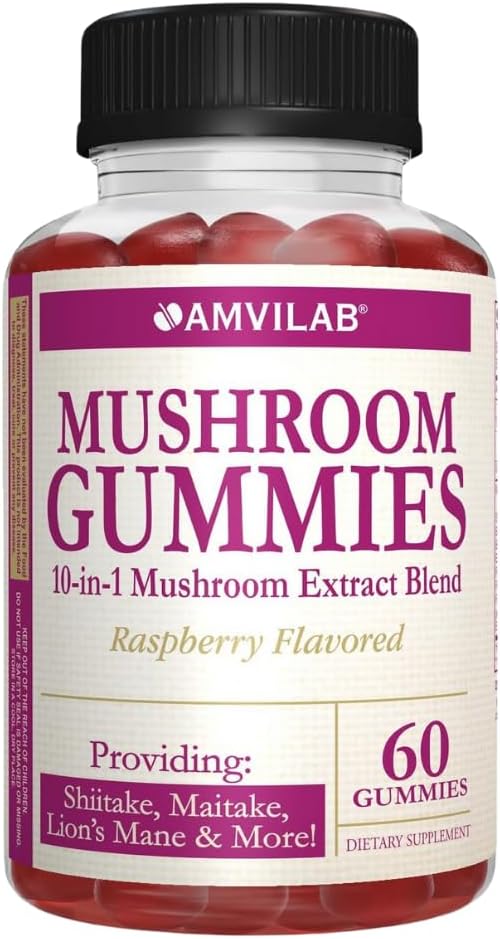 AMVILAB - Gomas de Cogumelo Sabor Framboesa, 60 Gomas 1 Mês de Fornecimento
