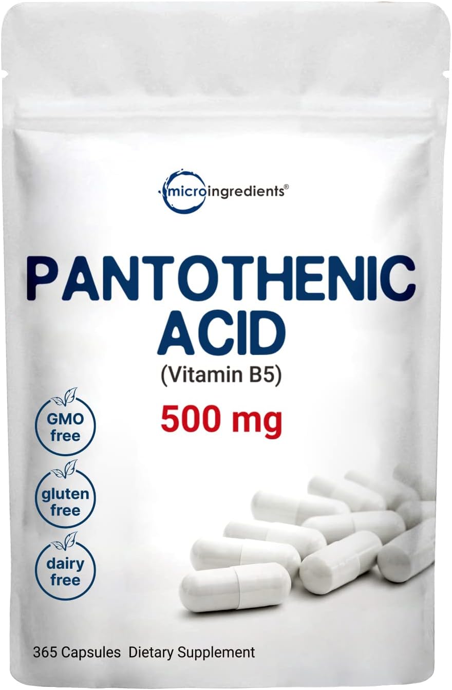 Pantothenic Acid Vitamin B5 500mg, 365 Cápsulas (1 Ano de Fornecimento), Complexo B, Suporte à Produção de Energia e Sistema Nervoso - Micro Ingredients