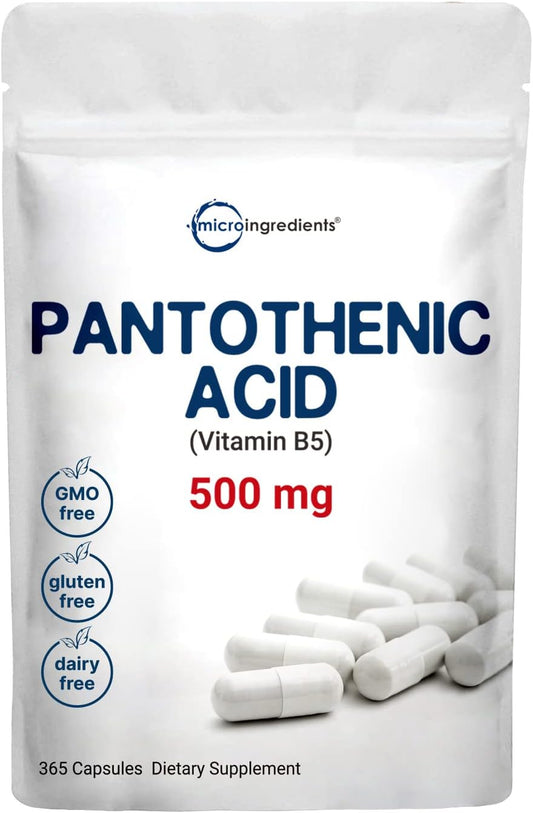 Pantothenic Acid Vitamin B5 500mg, 365 Cápsulas (1 Ano de Fornecimento), Complexo B, Suporte à Produção de Energia e Sistema Nervoso - Micro Ingredients